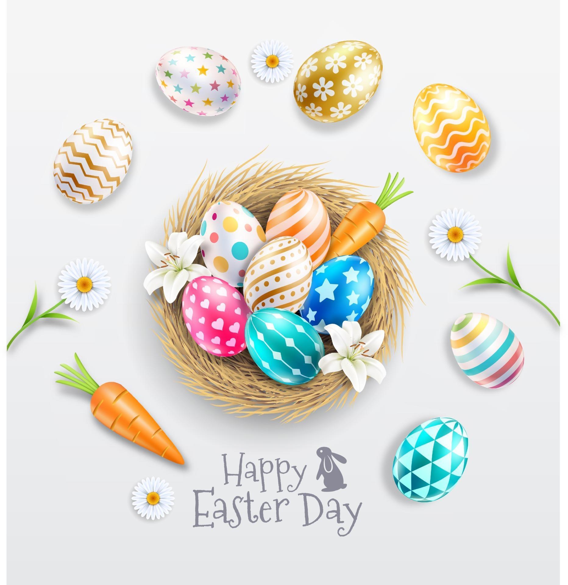 Happy easter day colorful patterned easter eggs in egg nest with lilies and daisies. vector