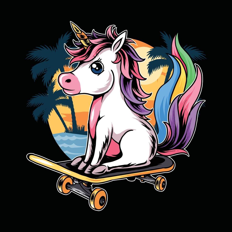 unicornio sentado en patineta en la playa durante el verano vector