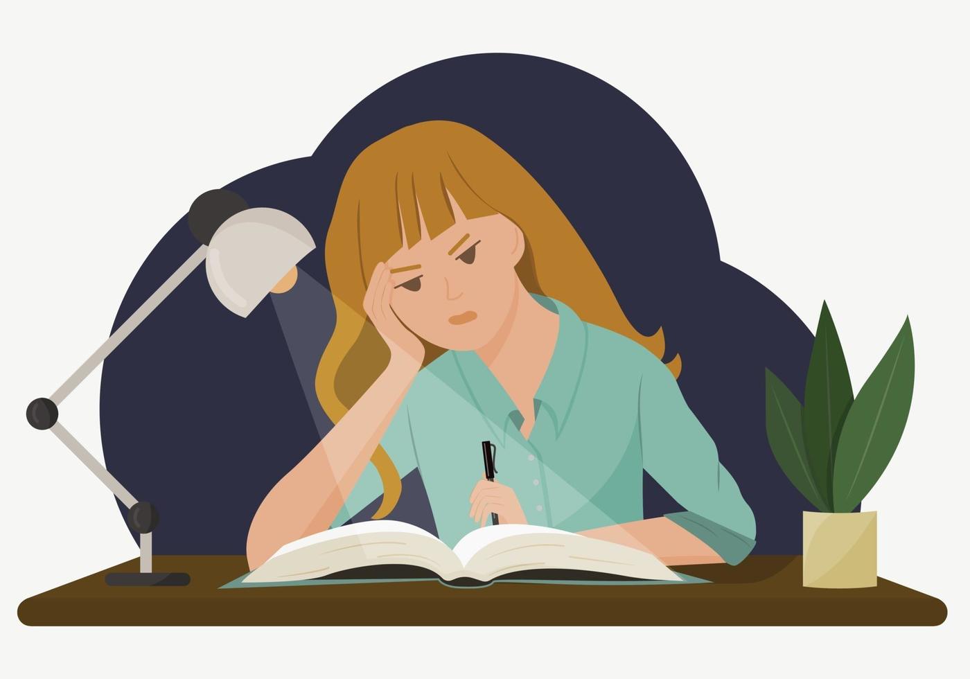 Vector illustration of a girl at a desk. A student does her homework late in the evening. The concept of hard, impossible homework. Drawing in a flat style.