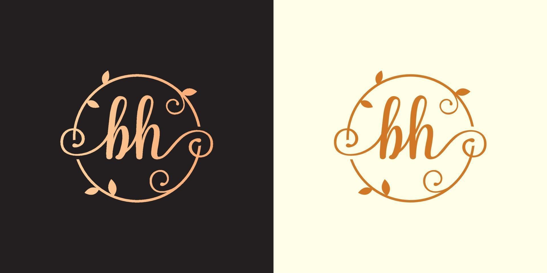 Decorative, luxury Letter BH initial, Classy Monogram logo inside a circular stalk, stem, nest, root with leaves elements. Letter BH flower bouquet wedding logo vector