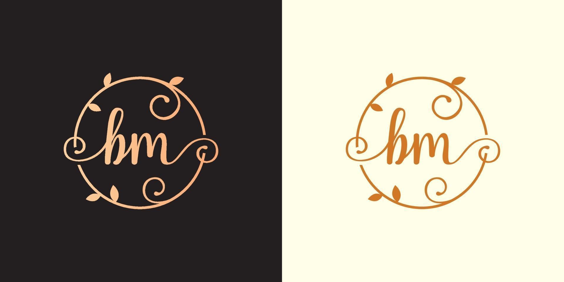 Decorative, luxury Letter BM initial, Classy Monogram logo inside a circular stalk, stem, nest, root with leaves elements. Letter BM flower bouquet wedding logo vector