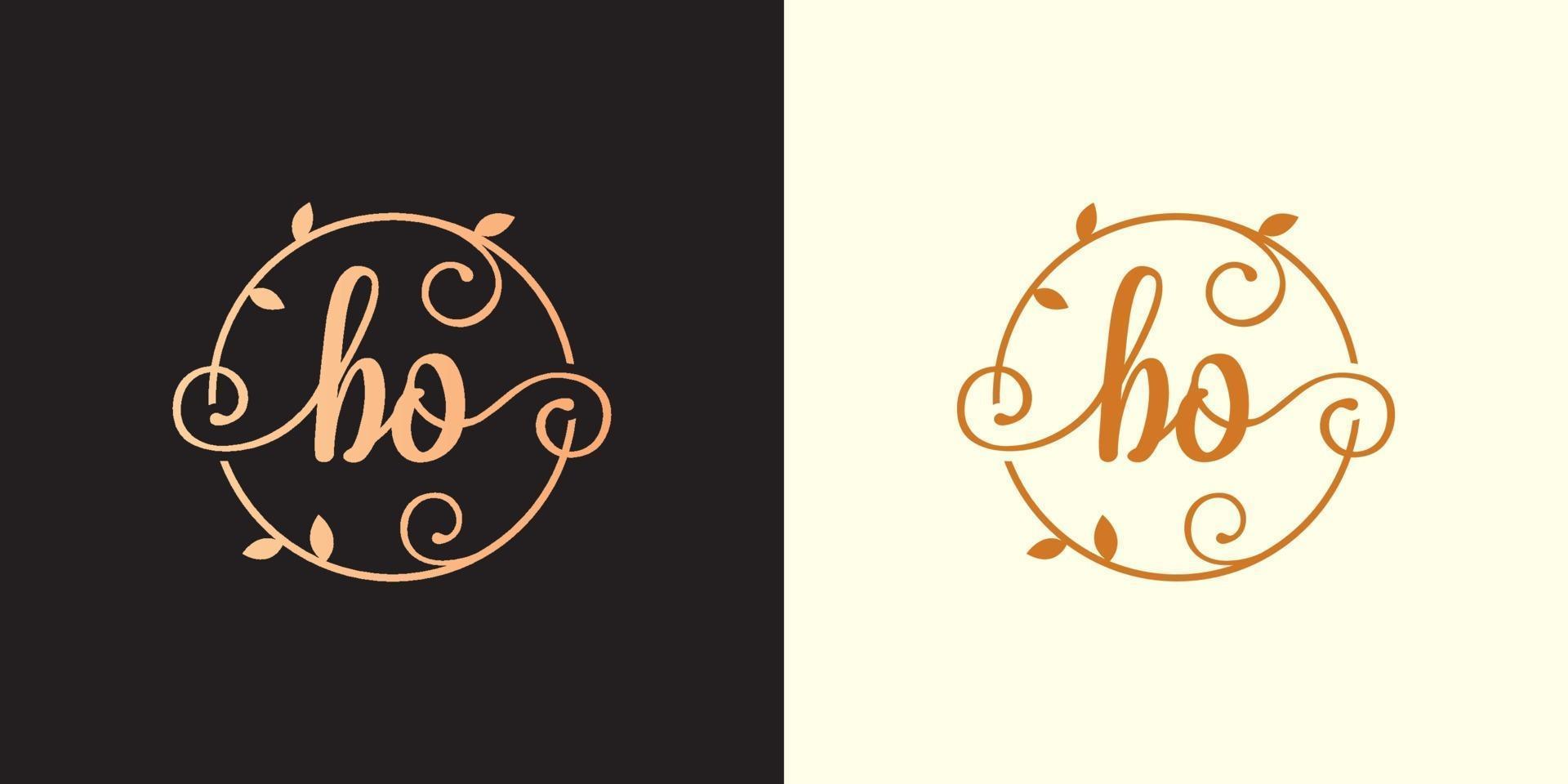 Decorative, luxury Letter BO initial, Classy Monogram logo inside a circular stalk, stem, nest, root with leaves elements. Letter BO flower bouquet wedding logo vector