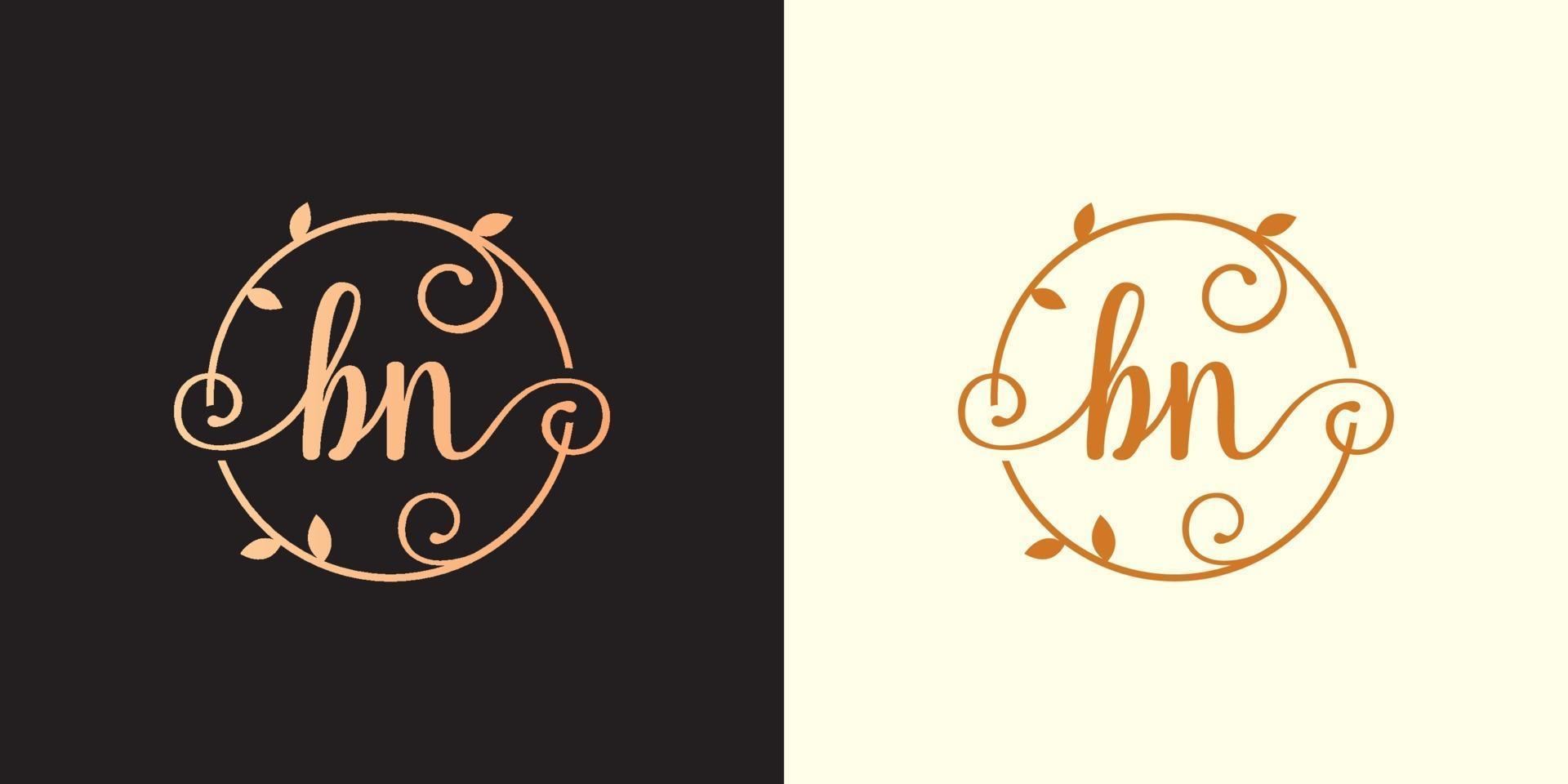 Decorative, luxury Letter BN inside a circular stalk, stem, nest, root with leaves elements. Letter BN flower bouquet wedding logo vector