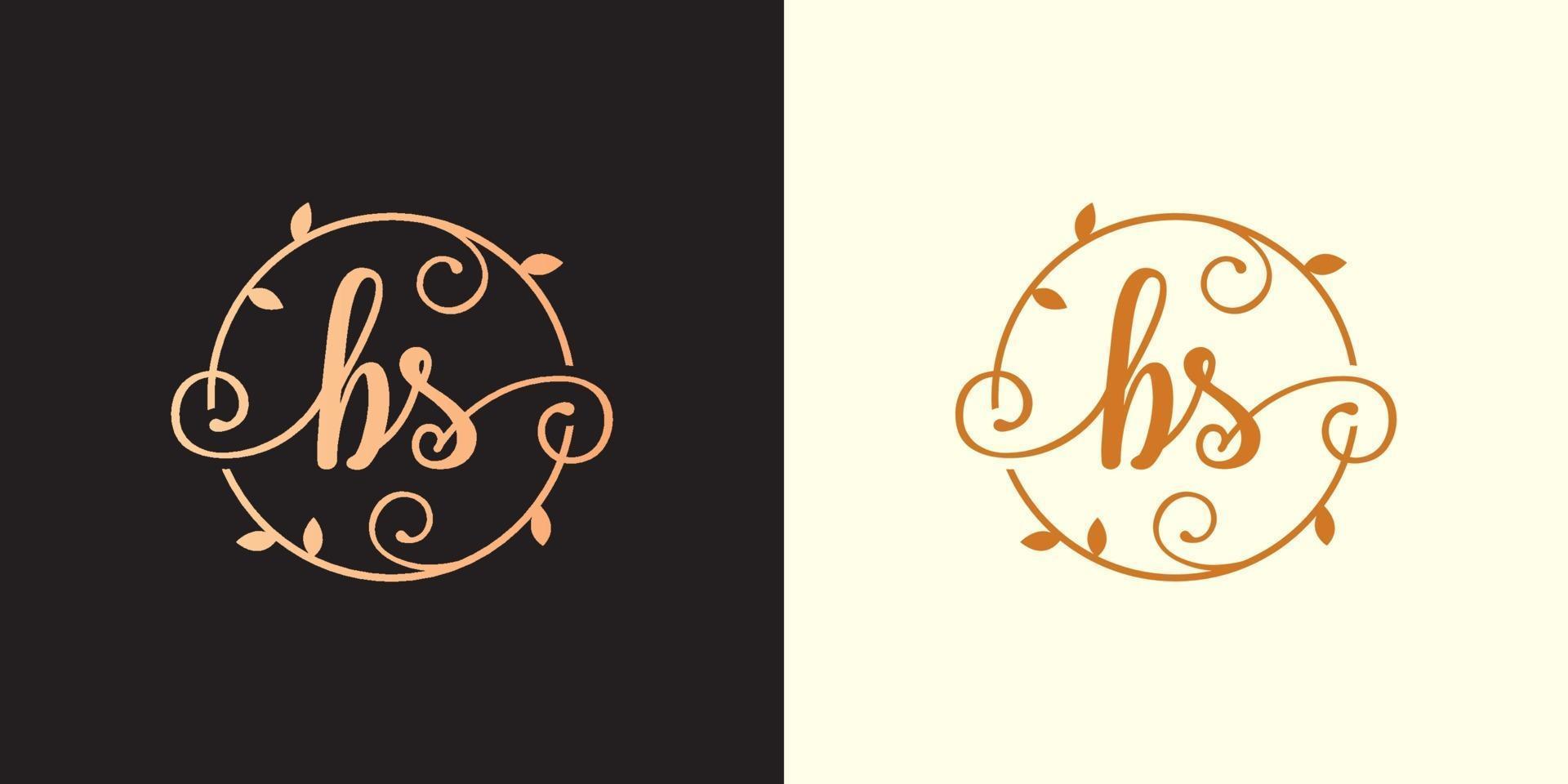 Decorative, luxury Letter BS initial, Classy Monogram logo inside a circular stalk, stem, nest, root with leaves elements. Letter BS flower bouquet wedding logo vector