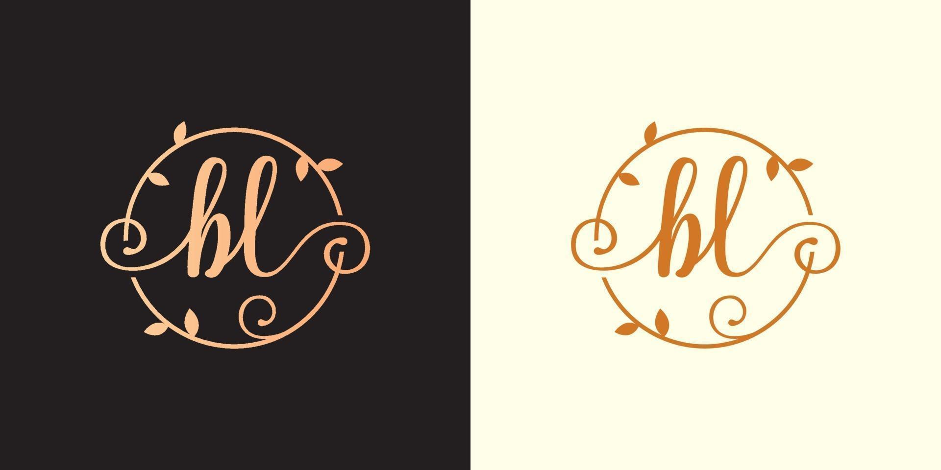 Decorative, luxury Letter BL initial, Classy Monogram logo inside a circular stalk, stem, nest, root with leaves elements. Letter BL flower bouquet wedding logo vector