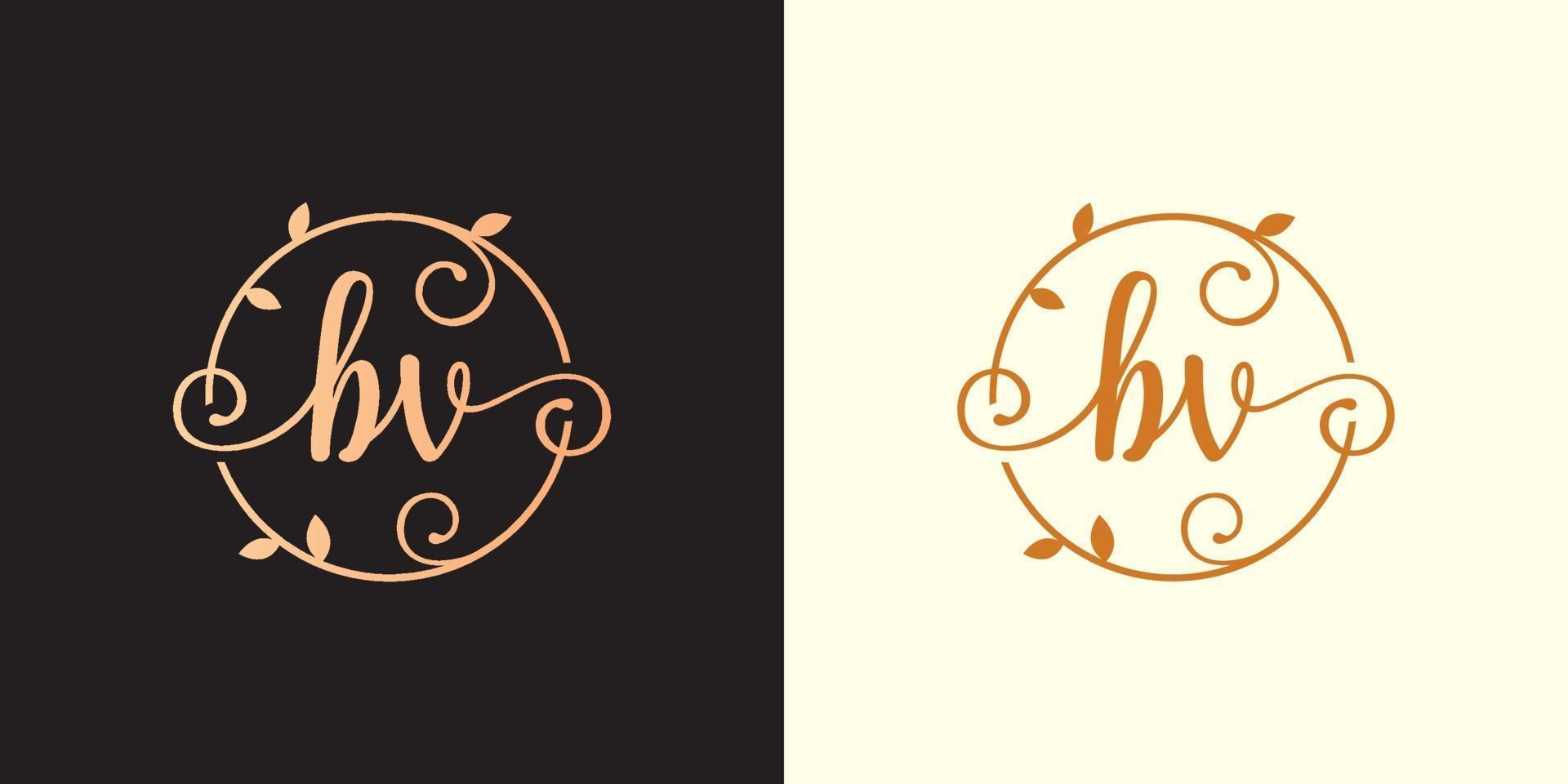 Decorative, luxury Letter BV initial, Classy Monogram logo inside a circular stalk, stem, nest, root with leaves elements. Letter BV flower bouquet wedding logo vector