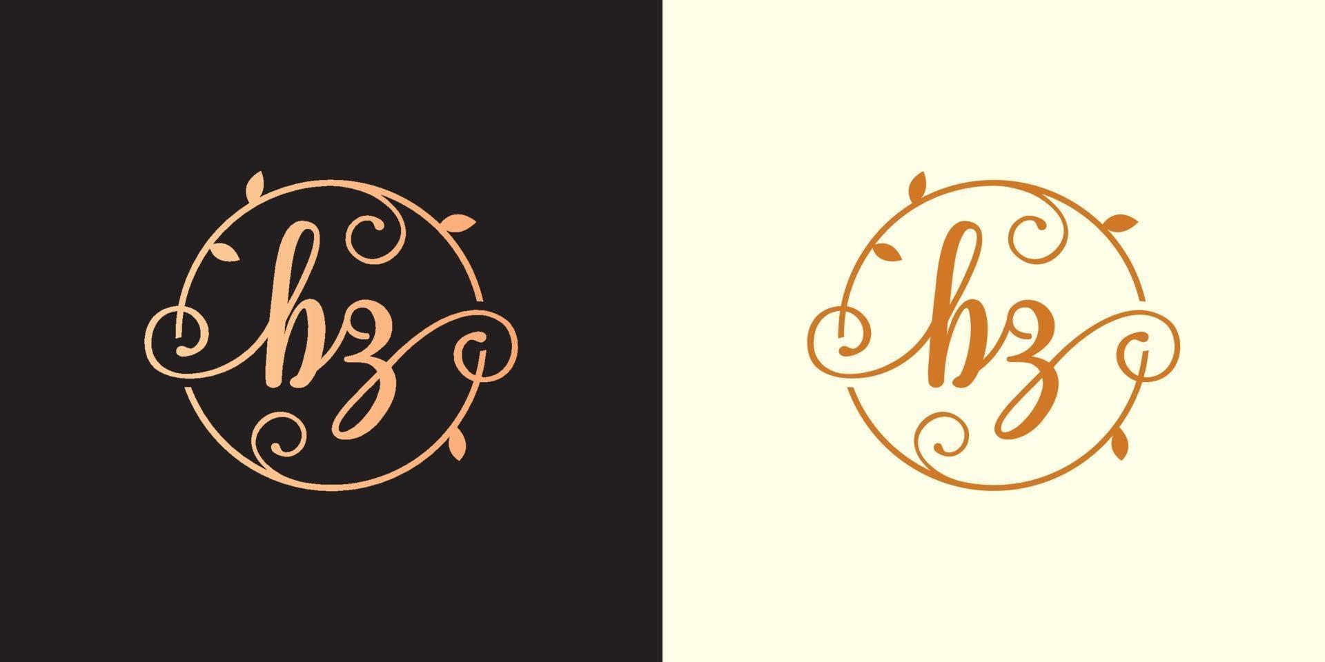 Decorative, luxury Letter BZ initial, Classy Monogram logo inside a circular stalk, stem, nest, root with leaves elements. Letter BZ flower bouquet wedding logo vector