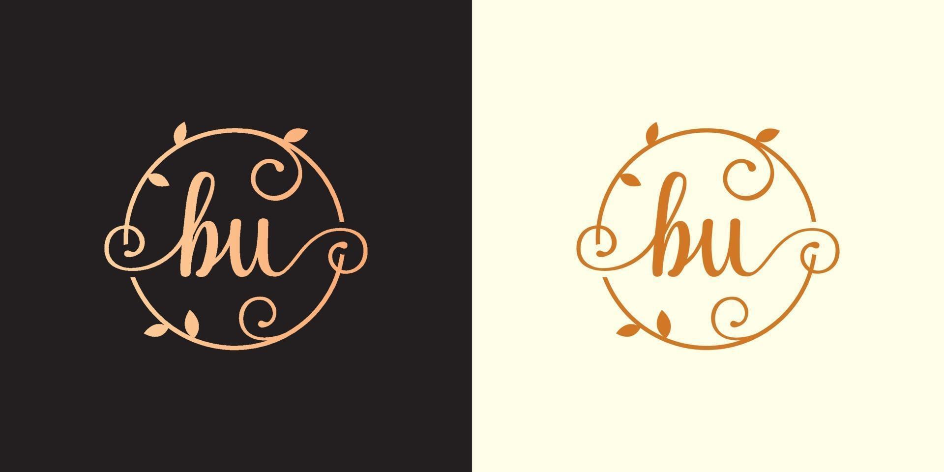 Decorative, luxury Letter BU initial, Classy Monogram logo inside a circular stalk, stem, nest, root with leaves elements. Letter BU flower bouquet wedding logo vector