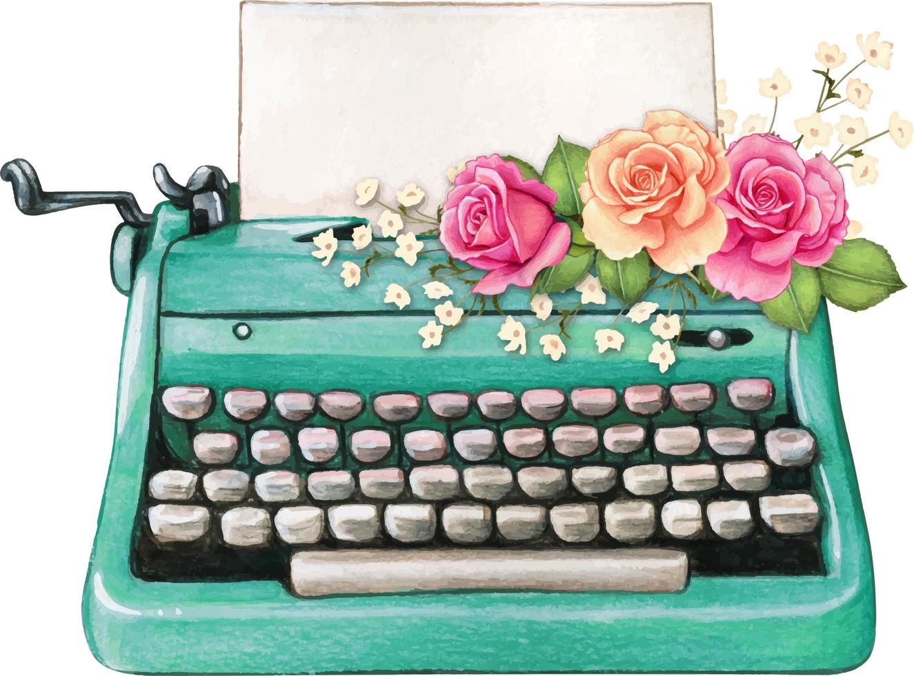 Vintage watercolor turquoise typewriter blank sheet and pink roses vector