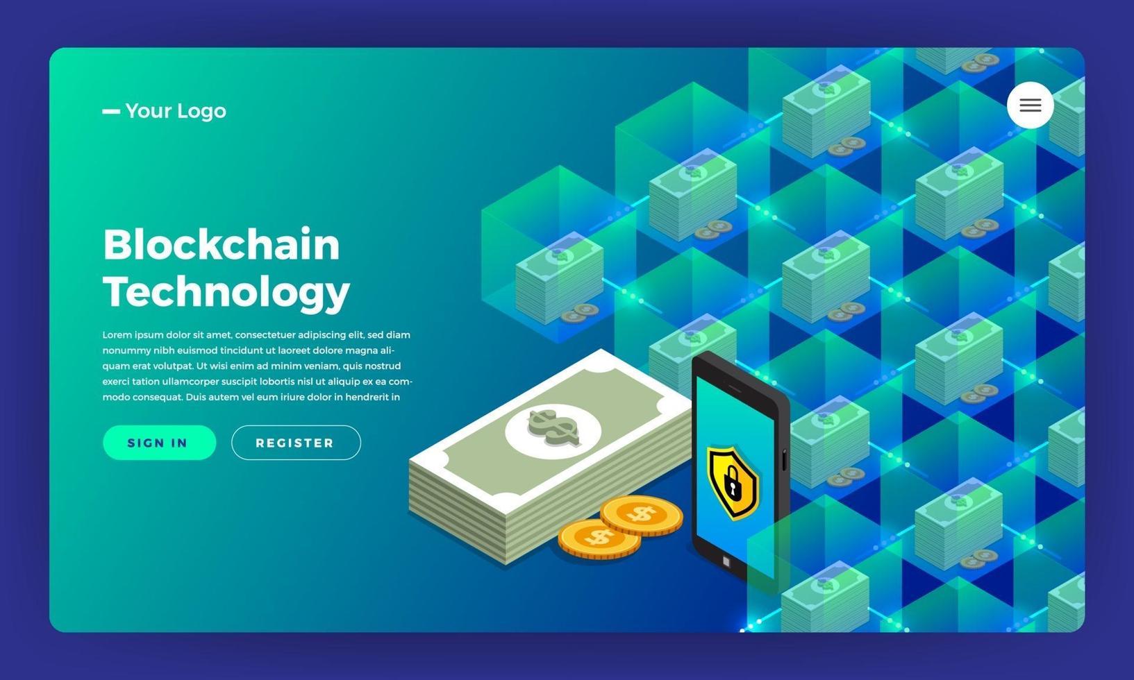 Mock-up website for blockchain and cryptocurrency. Vector illustration