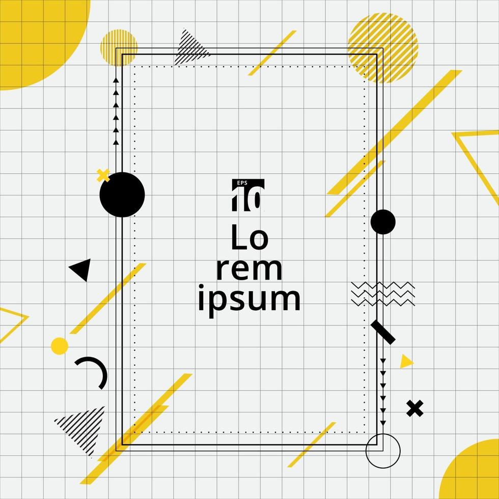 plantilla creativa rectángulo marco borde círculo geométrico amarillo y negro, triángulo, línea sobre fondo de cuadrícula estilo memphis. vector