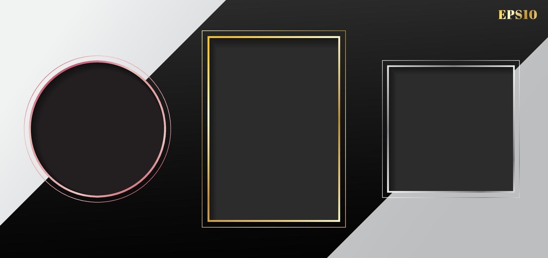 conjunto de rectángulo geométrico gris en blanco, cuadrado, marco de círculo dorado, oro rosa, borde plateado sobre fondo de rayas blancas y negras. vector