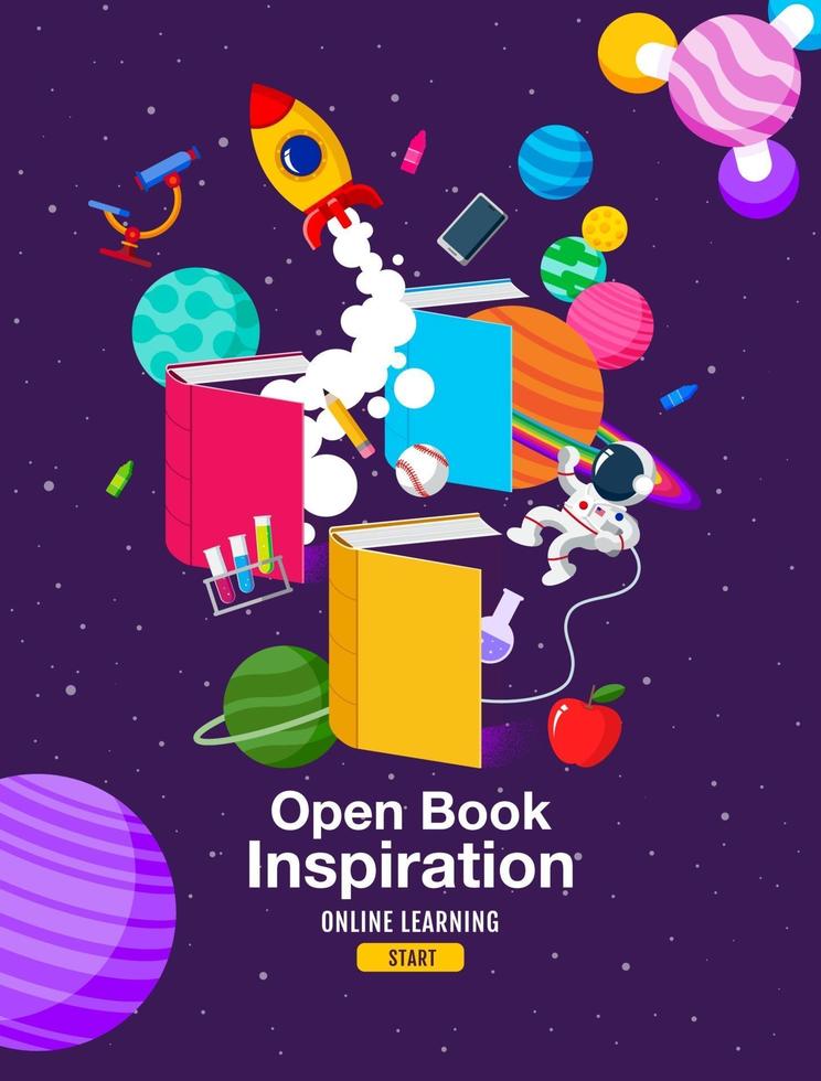 Book Inspiration, Online Learning, study from home, back to school, flat design vector. vector