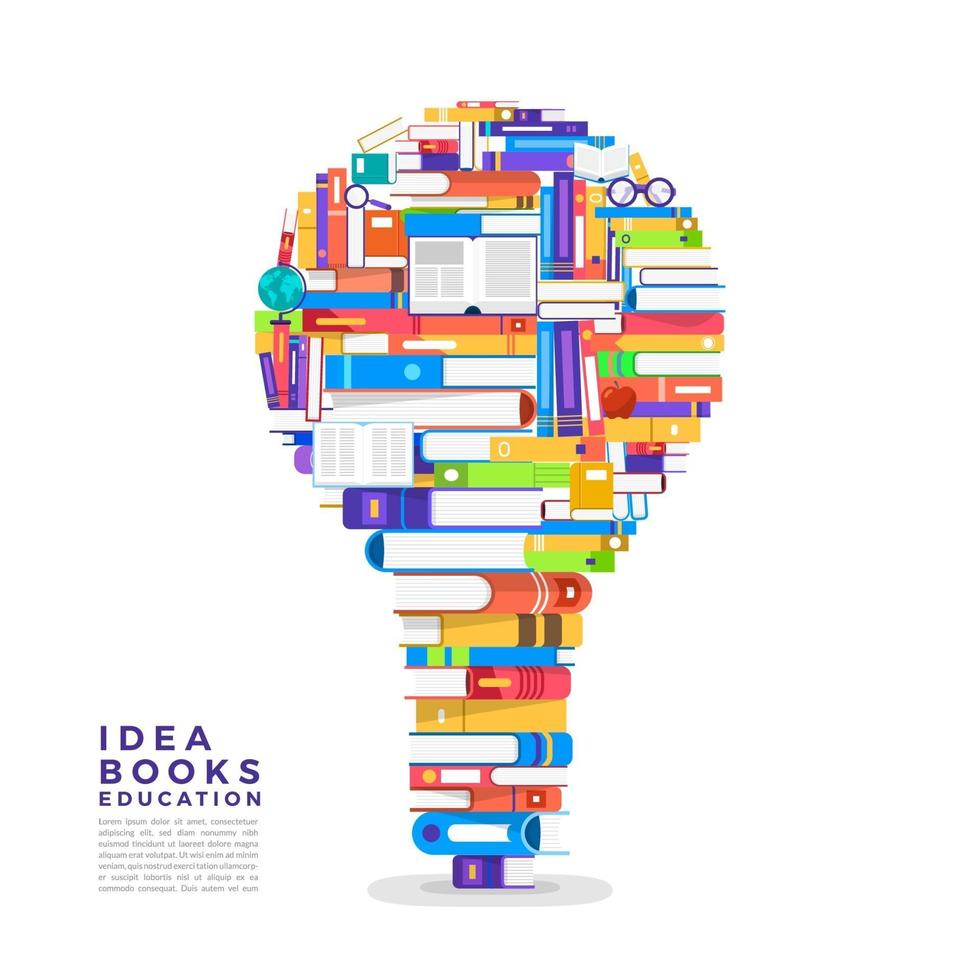 Colorful piles of books in the shape of a lightbulb. Books contain ideas vector