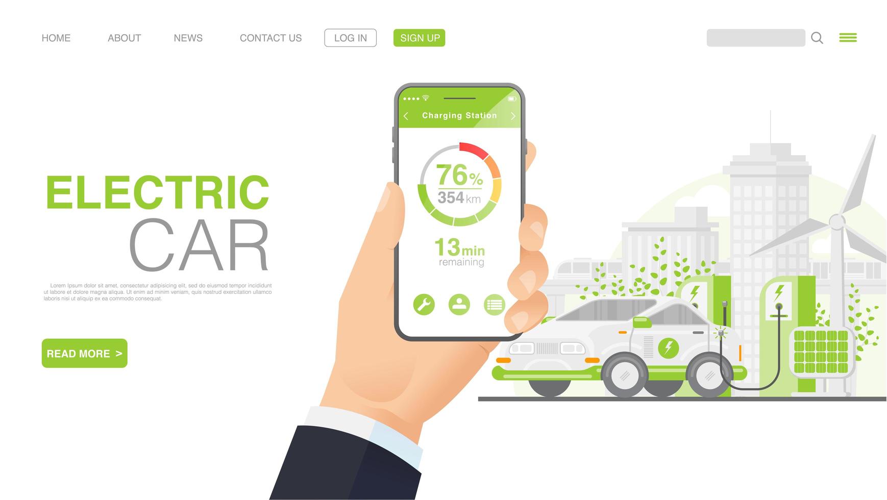 EV Car Or Electric Car At Charging Station. Concept Illustration For Green Environment. Landing Page in Flat Style. Vector EPS 10