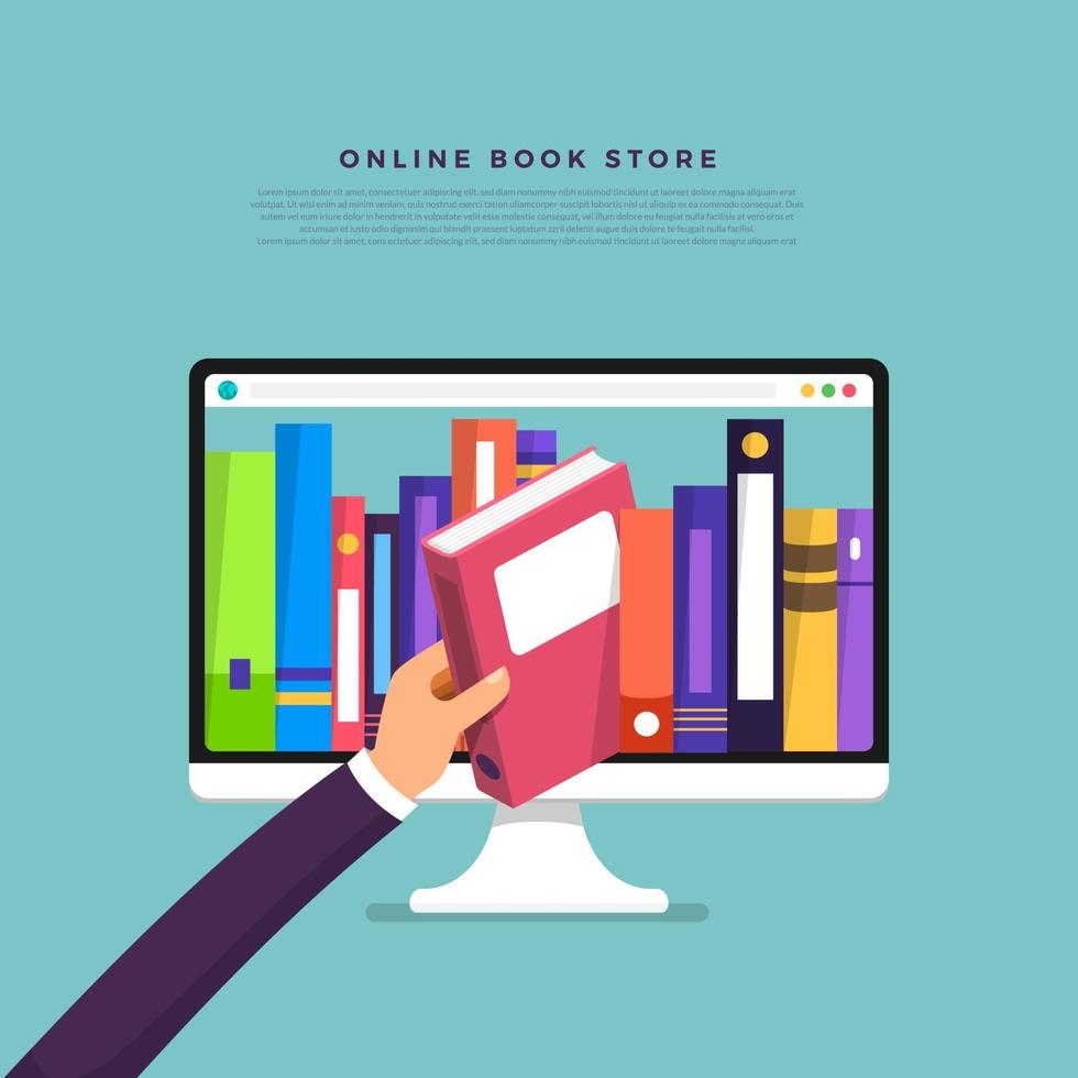 Picking a book from a computer screen. Online book store vector
