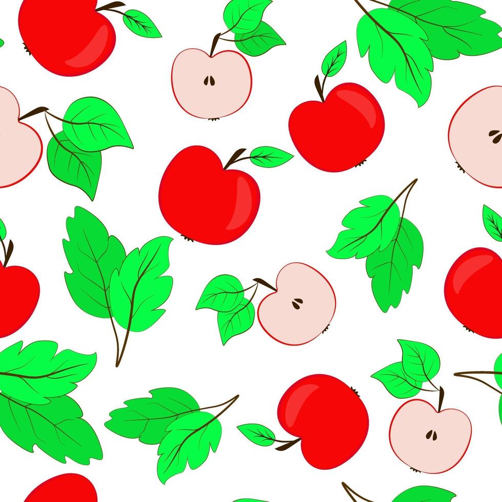 patrón repetitivo sin fisuras con manzanas. manzanas rojas con hojas, enteras y en mitades. Fondo continuo brillante con frutas para el diseño de envases textiles. vector, comida. vector