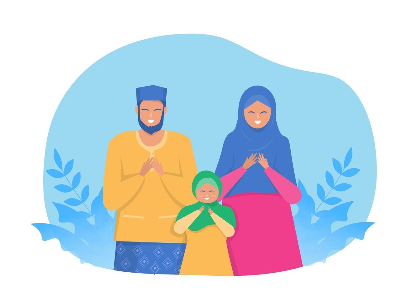 Happy Muslim parents and child pray on religious holiday characters on cartoon flat vector web banner