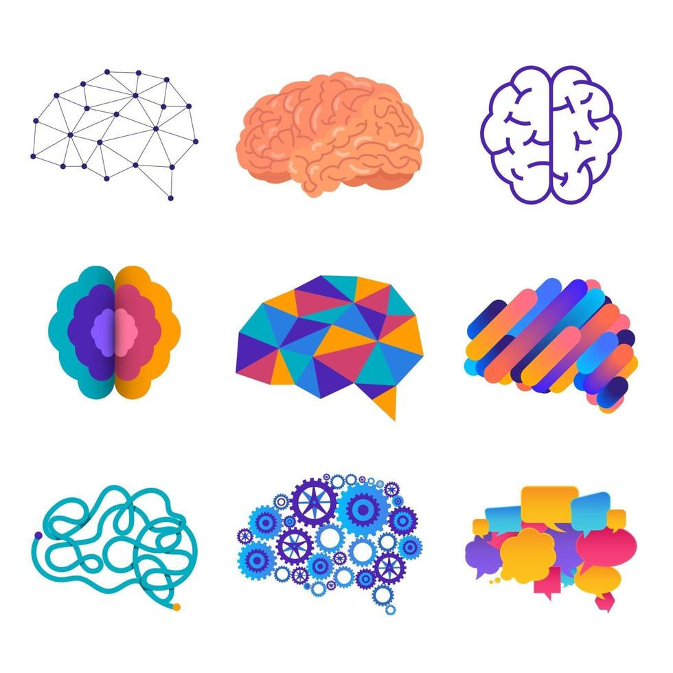 Set of human brains in different graphic styles vector