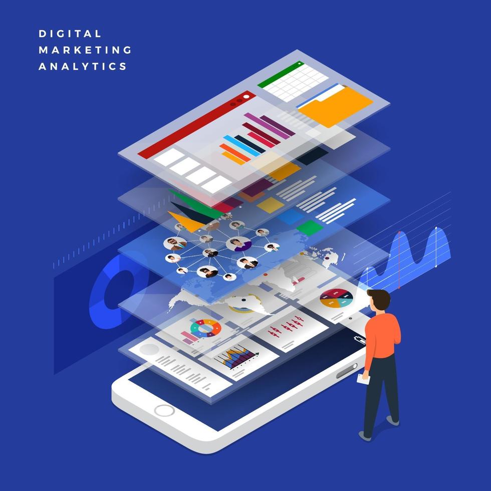 revisión financiera con teléfono móvil y elementos infográficos. ilustración vectorial vector