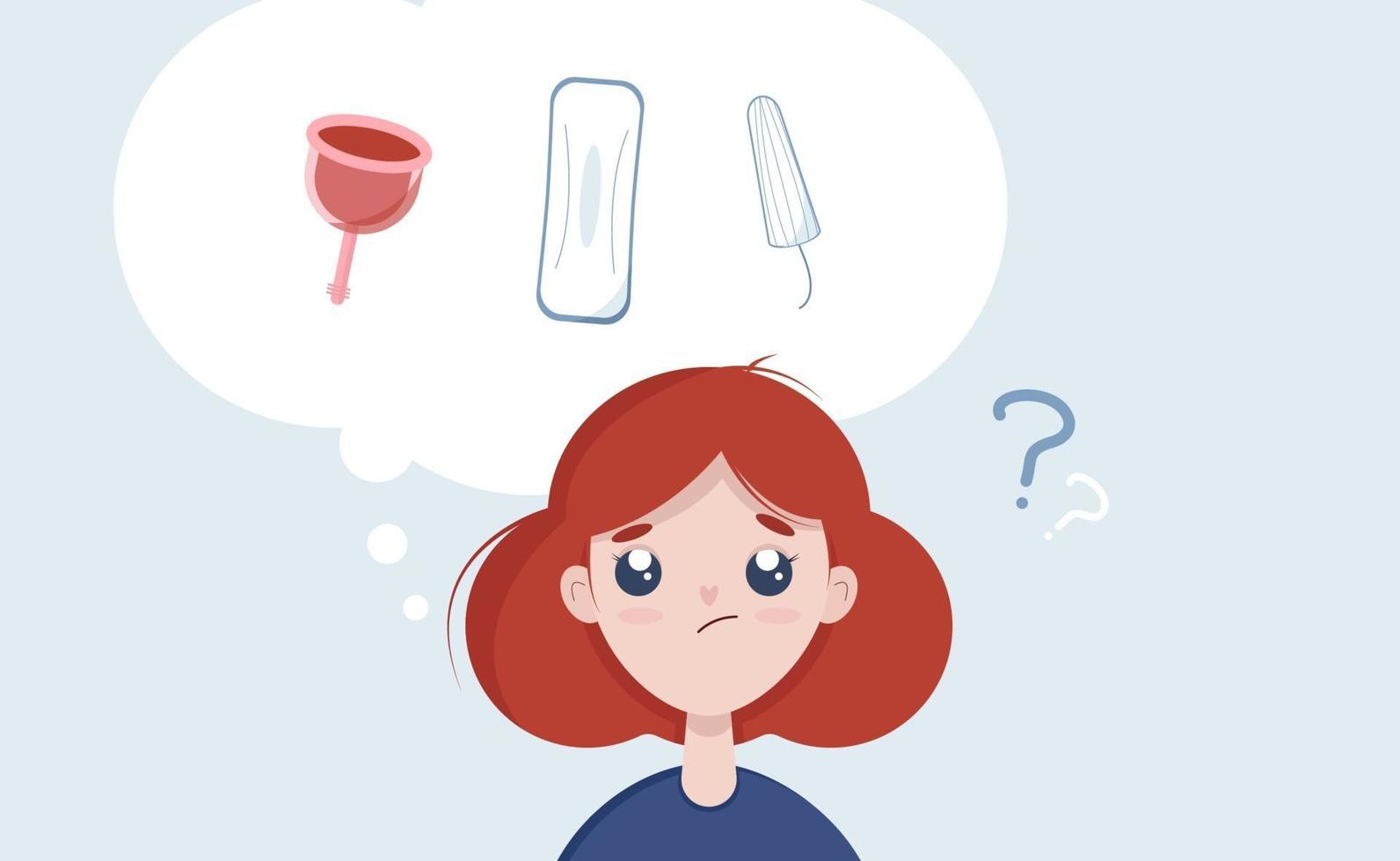 Choice menstrual cycle, tampon,  female pad, menstrual cup. Girl choosing between tampon and menstrual cup. Vector illustration for blog, site flat cartoon style