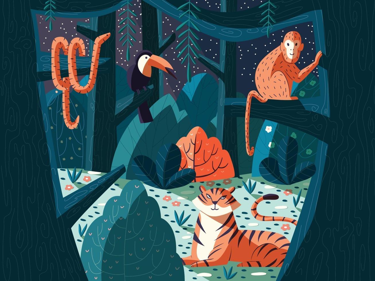 Colorful illustration of jungle scene with exotic animals. Forest at night with tiger, monkey, snake and toucan. Nature and trees. Vector. vector