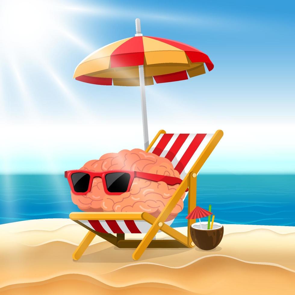 Illustration cartoon concept brain relaxes on the beach vector