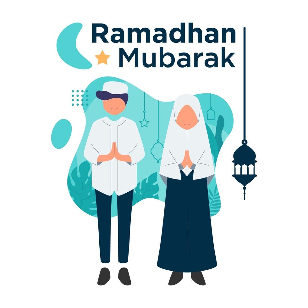 Ramadhan Mubarak with flat design characters boy and muslim girl illustration vector background template