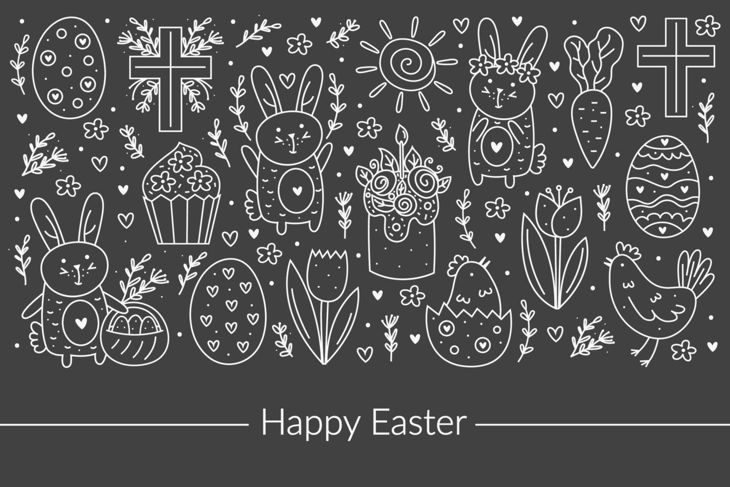 Happy Easter doodle line art design. Chalk board design elements. Rabbit, bunny, christian cross, cake, cupcake, chicken, egg, hen, flower, carrot, sun. Isolated on dark background. vector