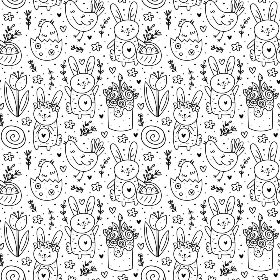 felices vacaciones de pascua doodle arte lineal monocromo. conejo, conejito, pastel, pollo, huevo, gallina, flor. patrón sin costuras, textura. diseño de envases. aislado sobre fondo blanco. vector