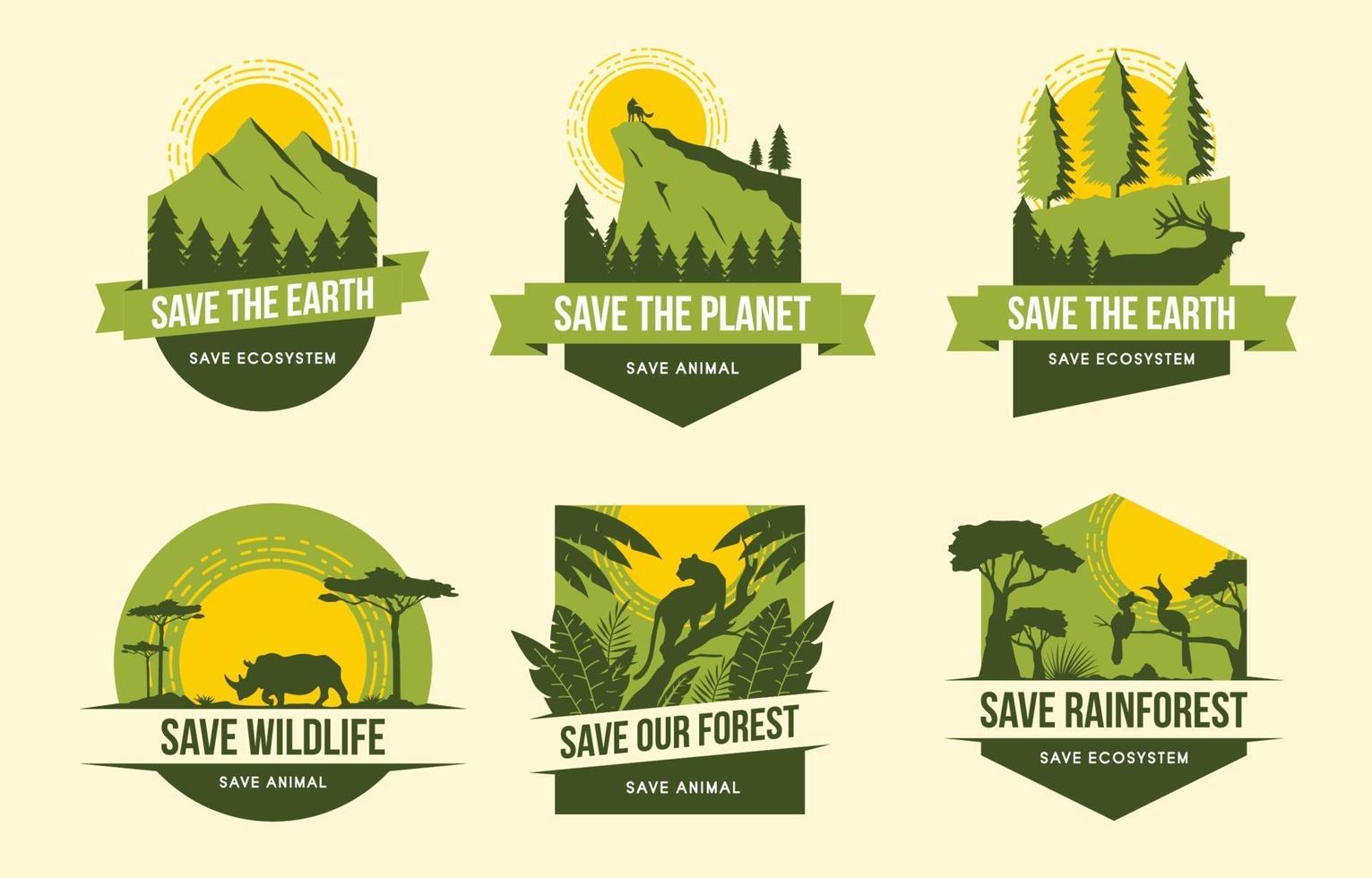 insignias de la campaña salvar la tierra y la vida silvestre vector