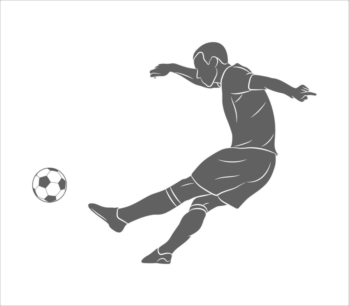 Silhouette soccer player quick shooting a ball on a white background. Vector illustration