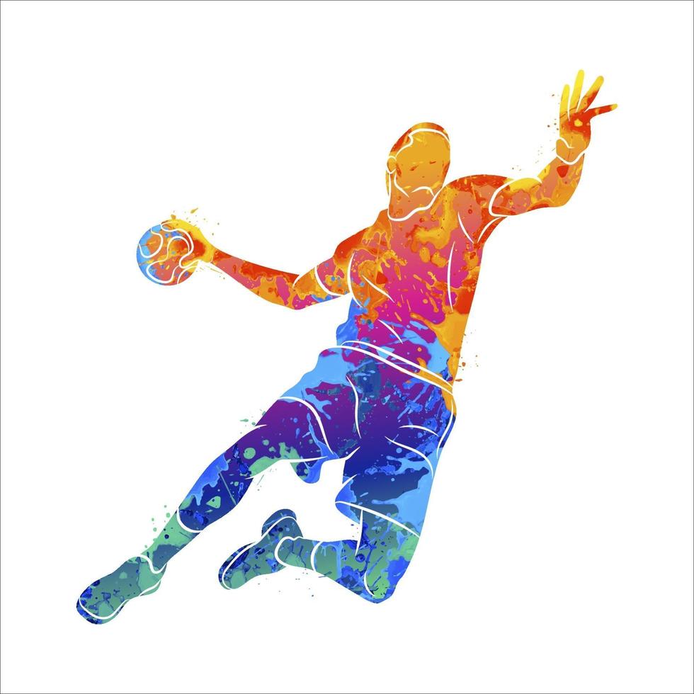 Abstract handball player jumping with the ball from splash of watercolors. Vector illustration of paints