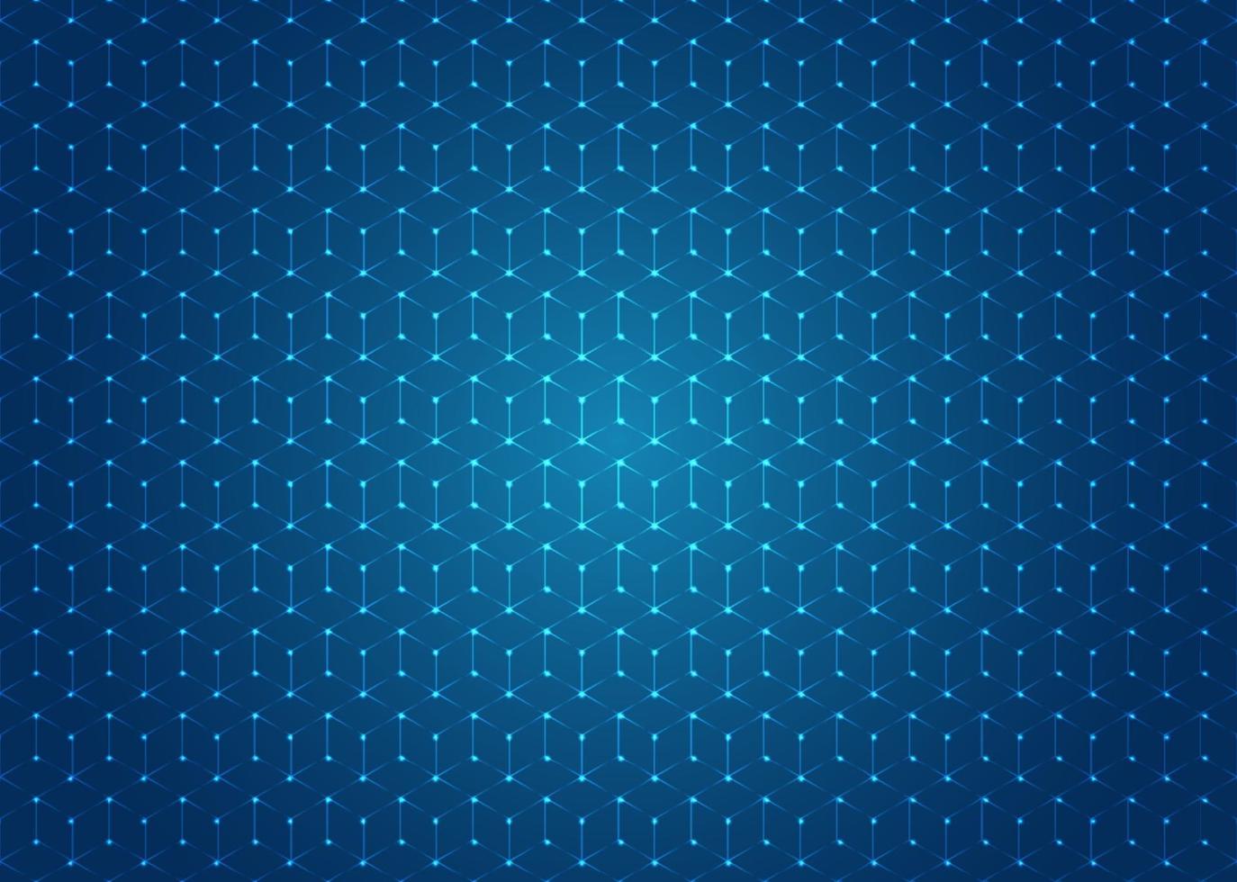 Abstract geometric hexagons shapes seamless pattern with illuminated dot on blue background. vector