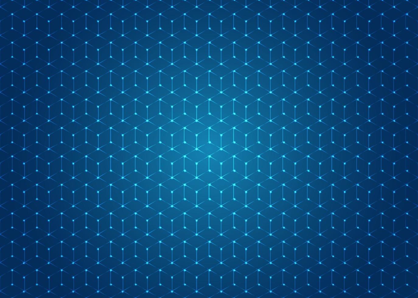 Abstract geometric hexagons shapes seamless pattern with illuminated dot on blue background. vector