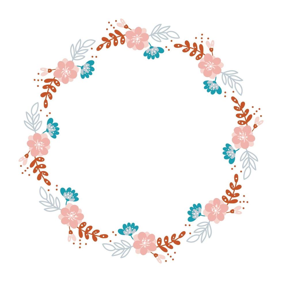 guirnalda de hierbas de flores de verano estilo escandinavo. marco de jardín de vector abstracto plano de primavera, día de la mujer vacaciones románticas, decoración de tarjeta de invitación de boda.