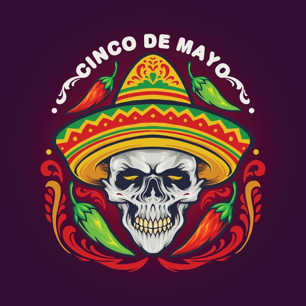 cinco de mayo calavera mexicana con sombrero vector