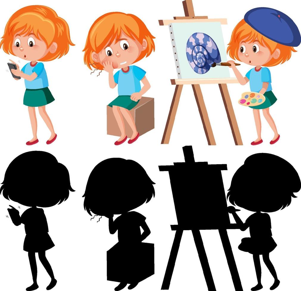 Set of a girl cartoon character doing different activities with its silhouette vector