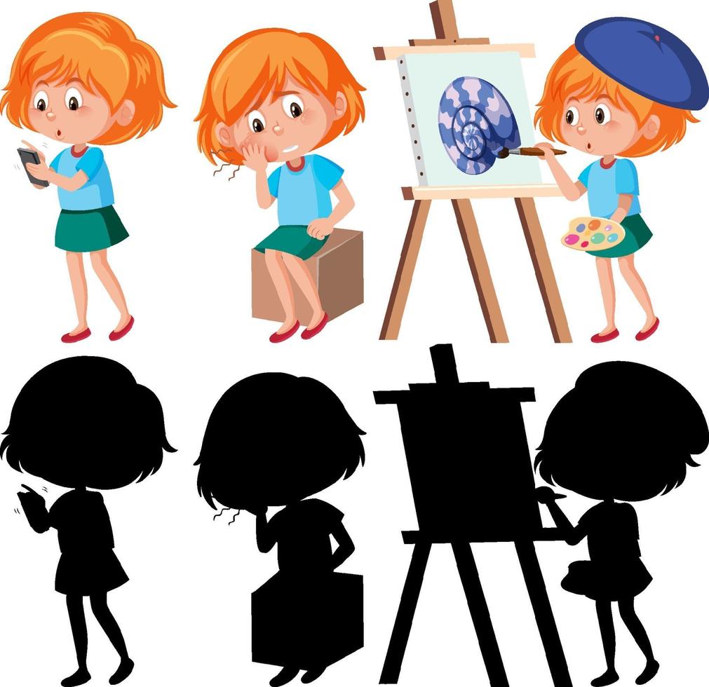 conjunto de un personaje de dibujos animados de niña haciendo diferentes actividades con su silueta vector