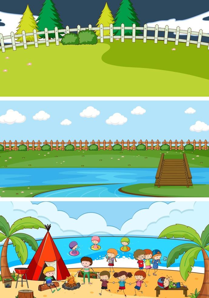 Set of different horizontal scenes background with doodle kids cartoon character vector