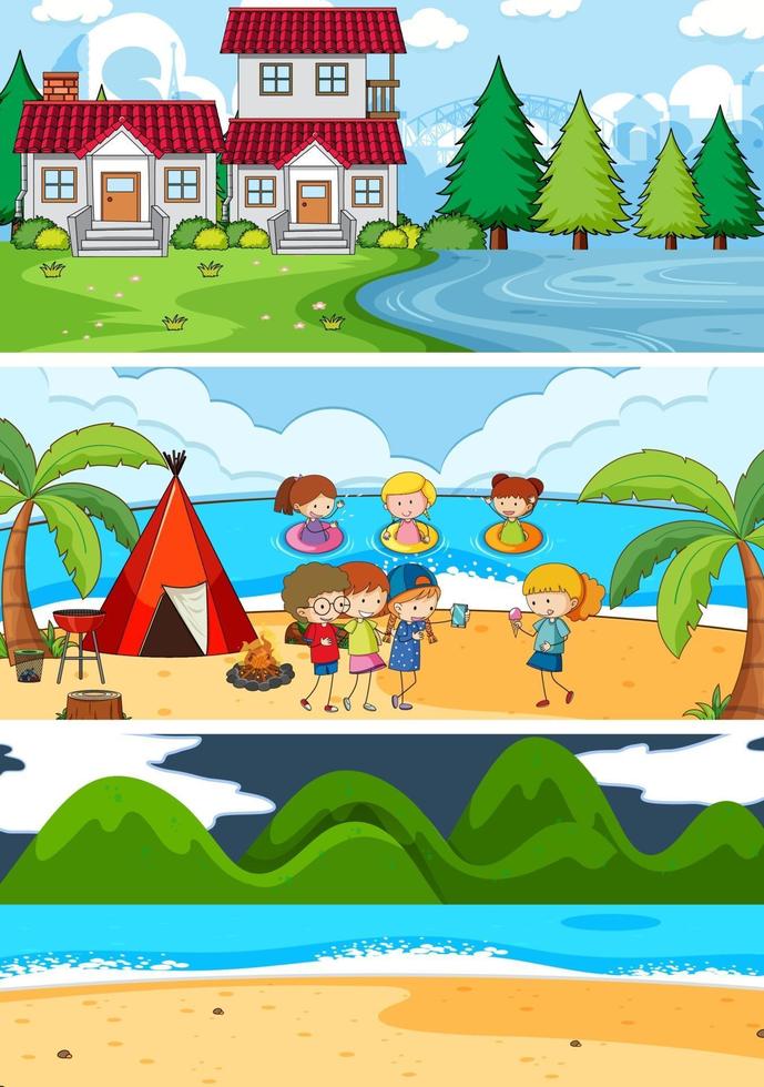 Set of different horizontal scenes background with doodle kids cartoon character vector