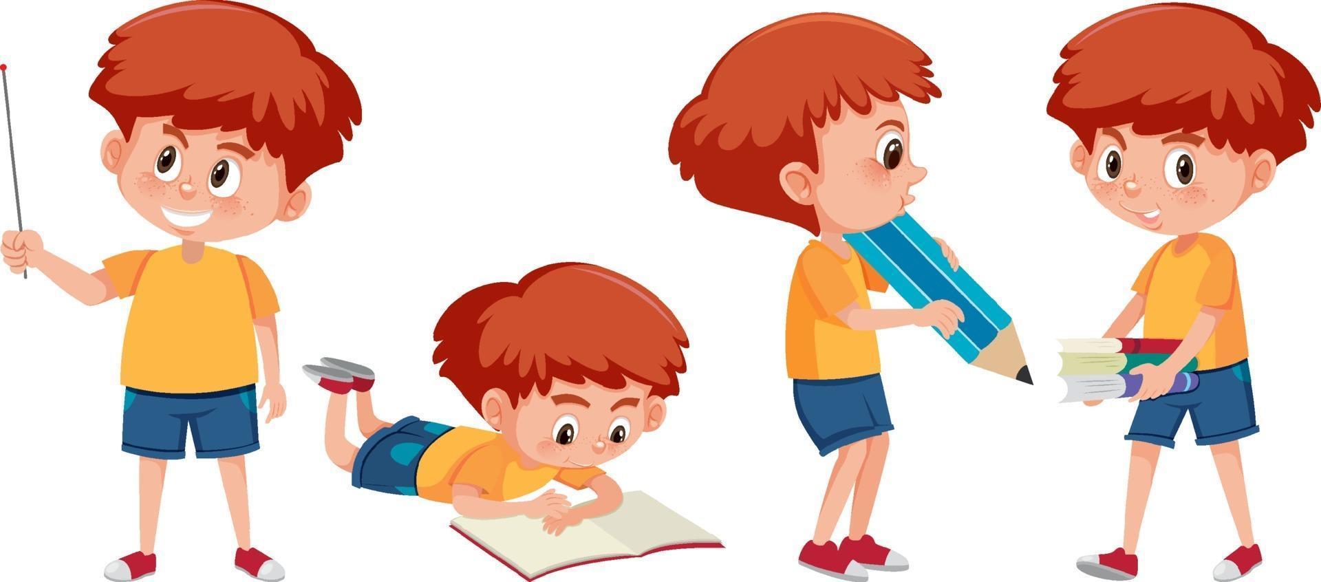 Set of a boy cartoon character doing different activities vector