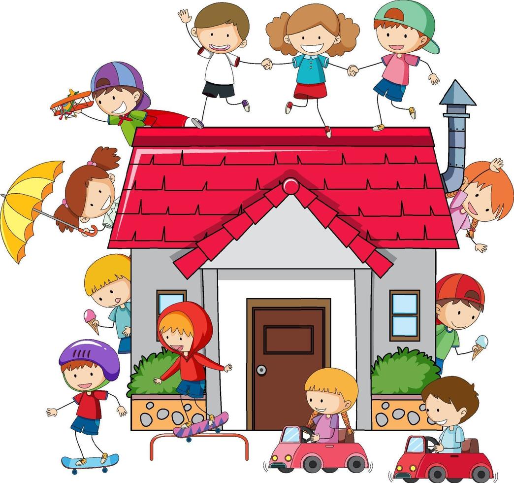 Many kids doing different activities around the house vector