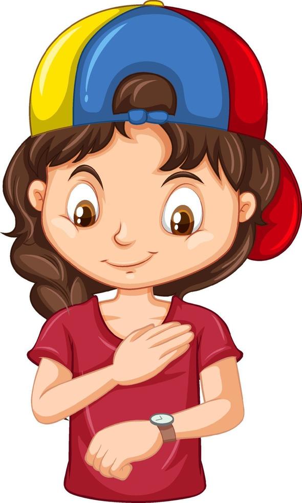 Girl cartoon character looking at wrist watch vector