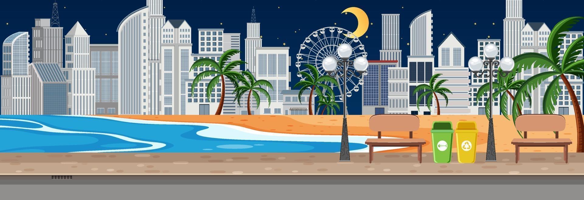 Beach city park horizontal scene at night time vector