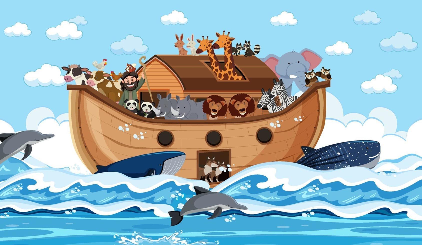 Animals on Noah's ark floating in the ocean scene vector