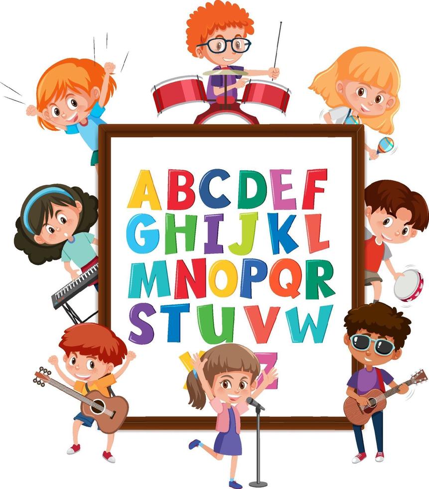 A-Z Alphabet board with many kids doing different activities vector