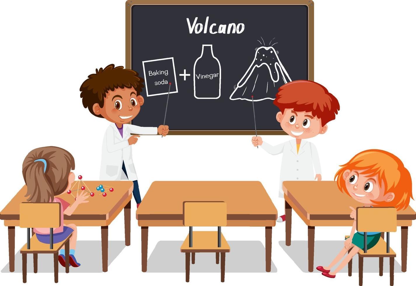 Young students explaining volcano experiment in the classroom scene vector