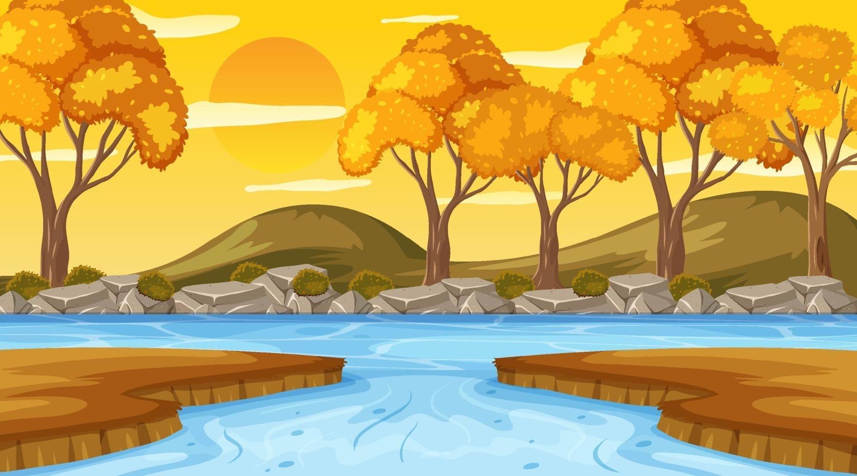 Autumn season scene with river in the forest at sunset time vector