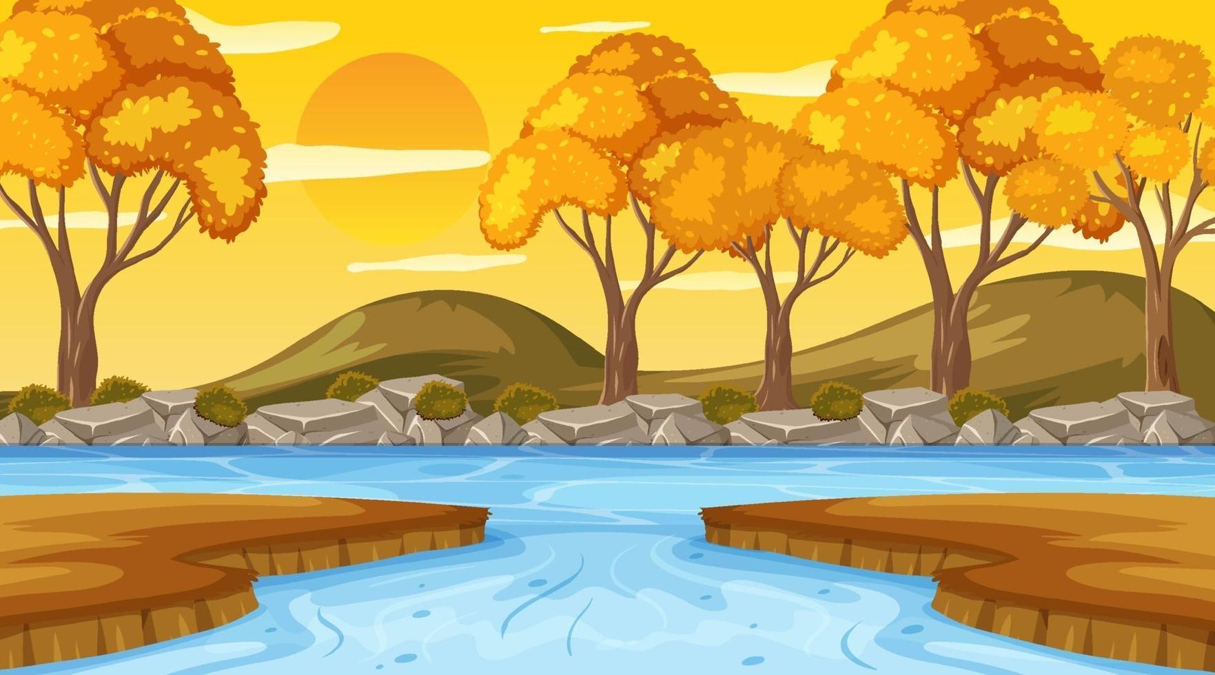 escena de la temporada de otoño con el río en el bosque al atardecer vector